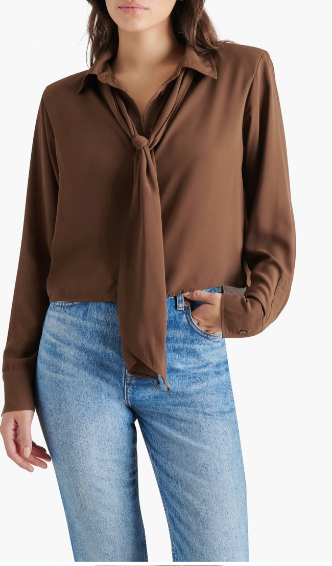 Noelle Tie Neck Shirt - Brown